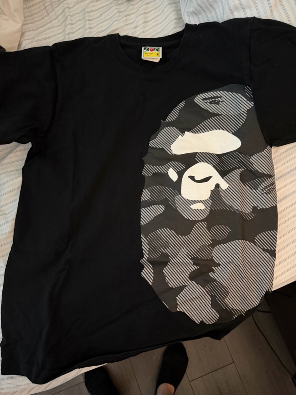 Bape Black Tee with Gray & White Ape Head Graphic